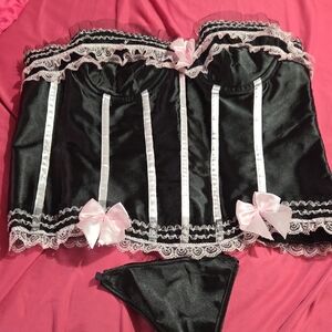Elegant Black and Pink Lace Corset Set